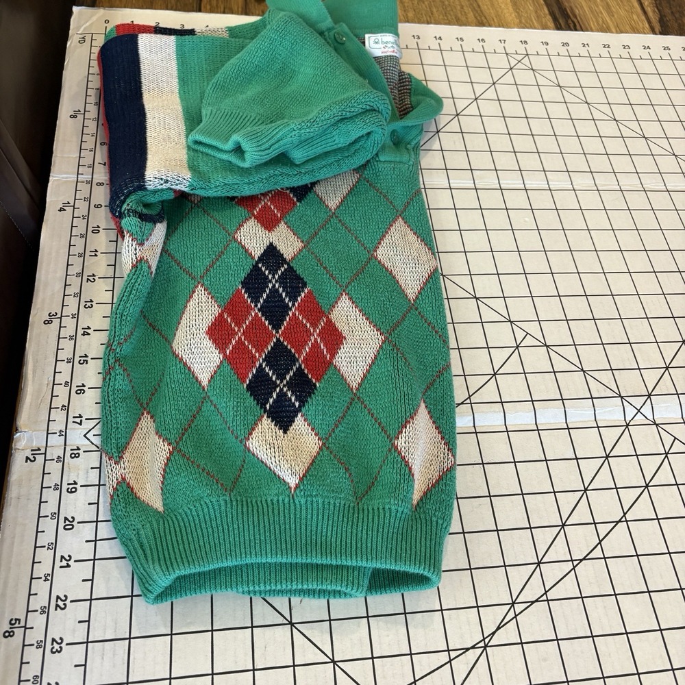 Benetton Vintage Women's Argyle Sweater Preppy Tennis Prep Old Money 100% Cotton - Picture 8 of 9